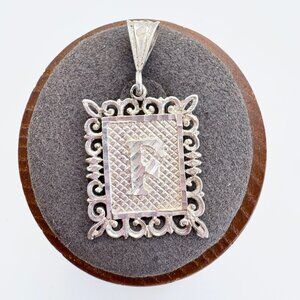Sterling Silver 925 Letter F Textured Scroll Border Initial Pendant 1.25" Length